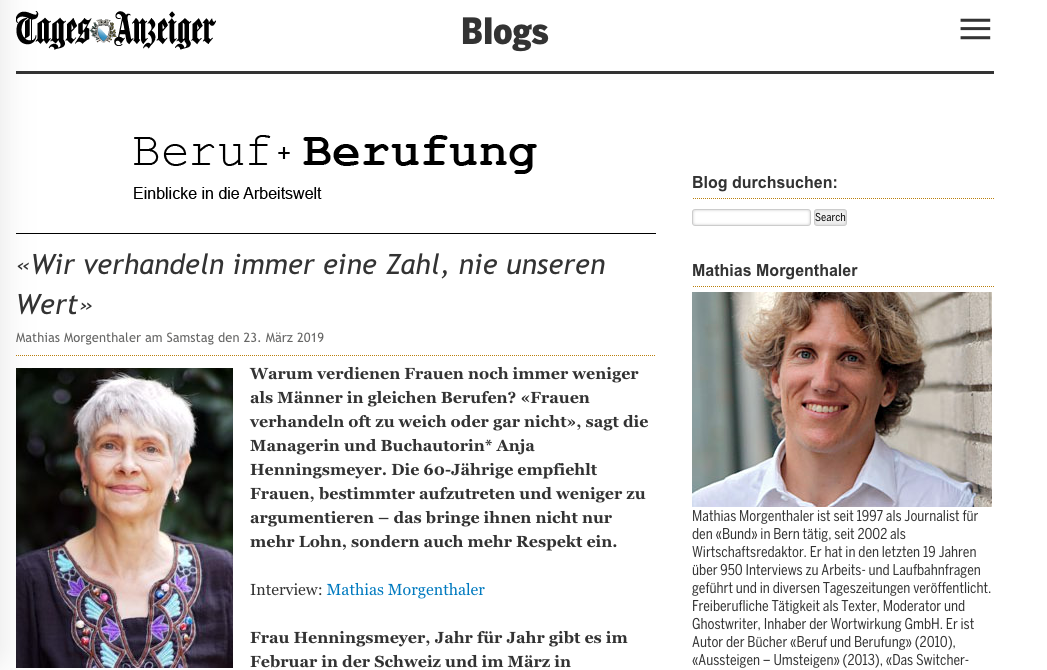 Interview mit Anja Henningsmeyer im Schweizer Tages Anzeiger